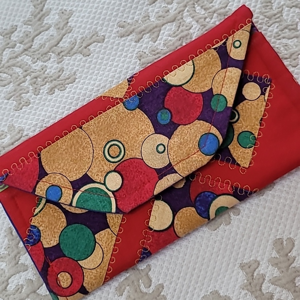 Thailand Cloth Batik Long Trifold Wallet Red Multicolor Circle Geometric Design.